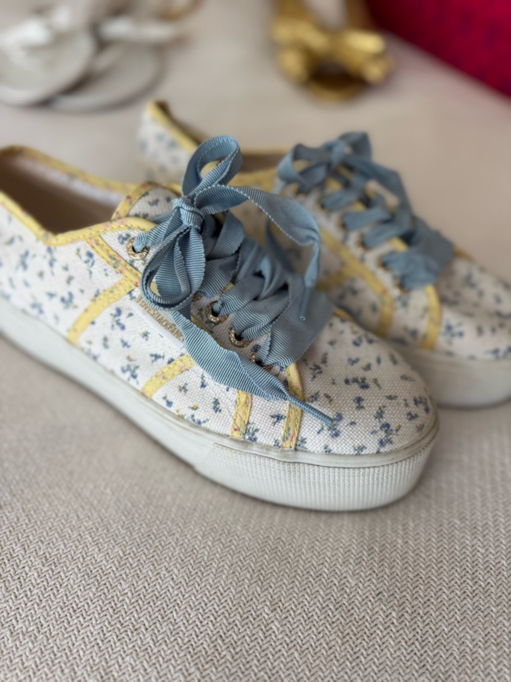 LoveShackFancy x Superga White Floral Platform Sneaker with Pale Blue Ribbon - Picture 2 of 3